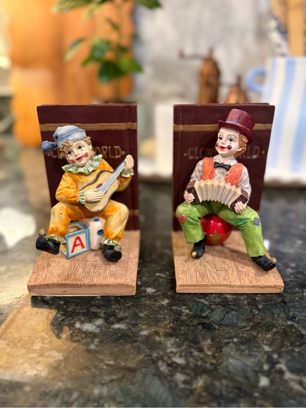 Pair of Colorful Clown Bookends - Musical Clowns